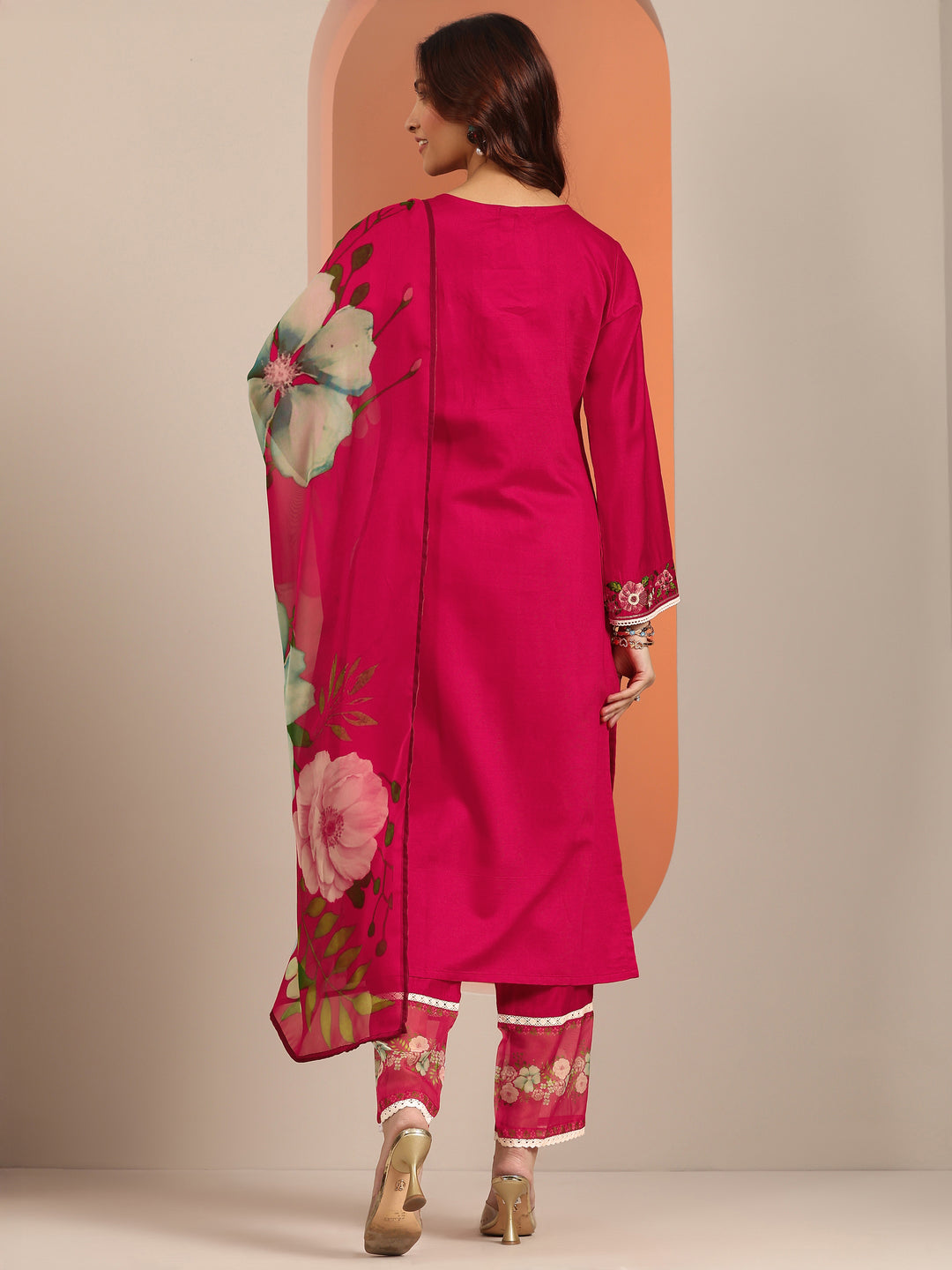 Libas Red Embroidered Silk Blend Straight Suit Set With Dupatta