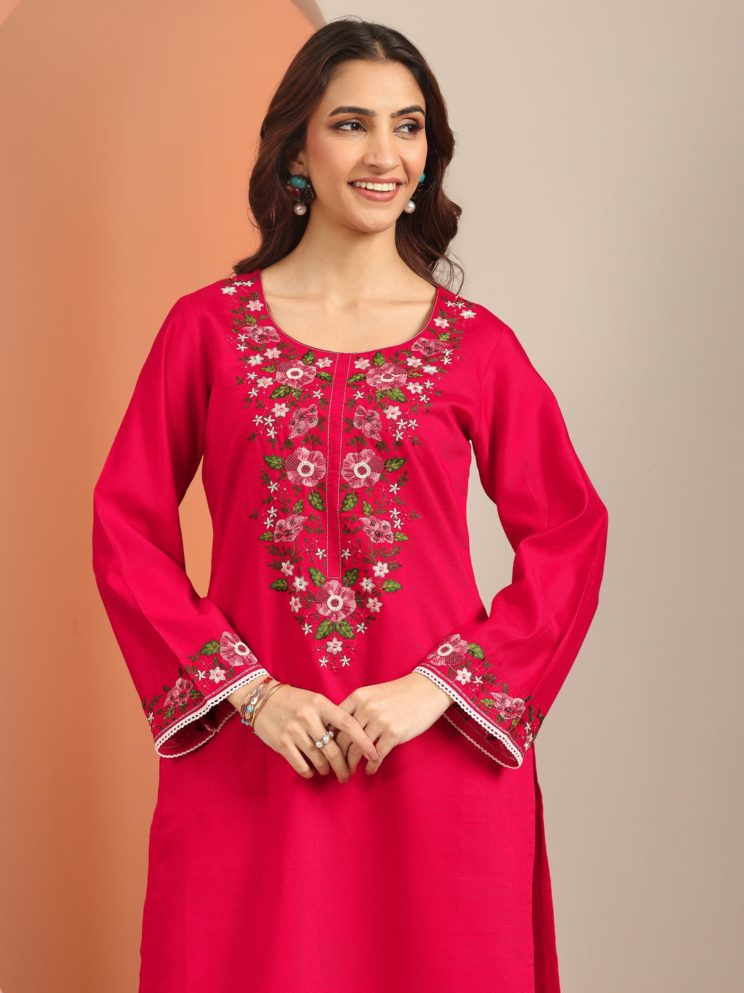 Red Embroidered Silk Blend Straight Suit Set With Dupatta