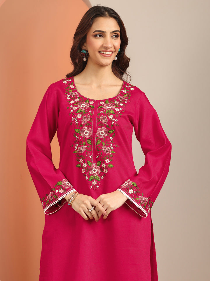 Libas Red Embroidered Silk Blend Straight Suit Set With Dupatta