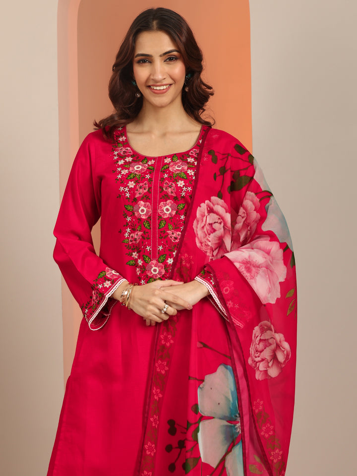 Red Embroidered Silk Blend Straight Suit Set With Dupatta