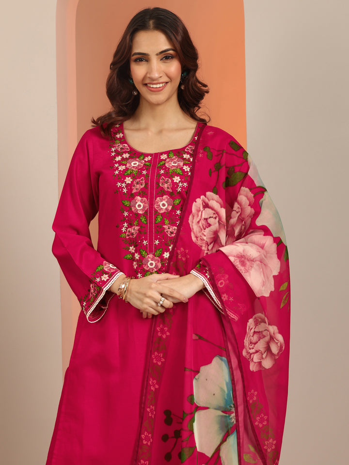 Libas Red Embroidered Silk Blend Straight Suit Set With Dupatta