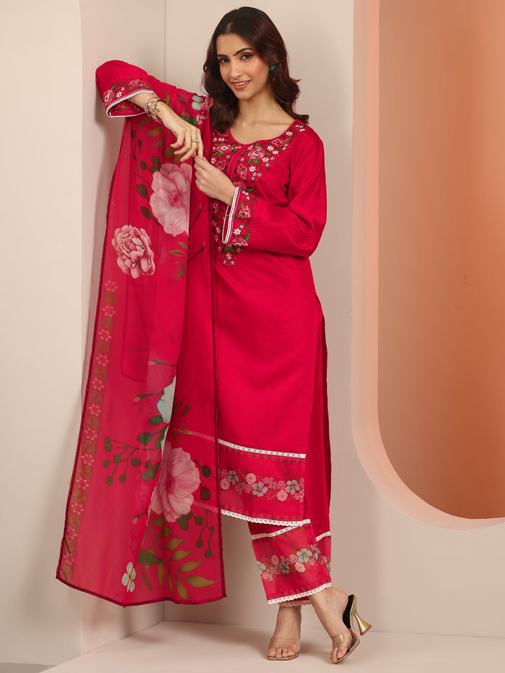 Red Embroidered Silk Blend Straight Suit Set With Dupatta