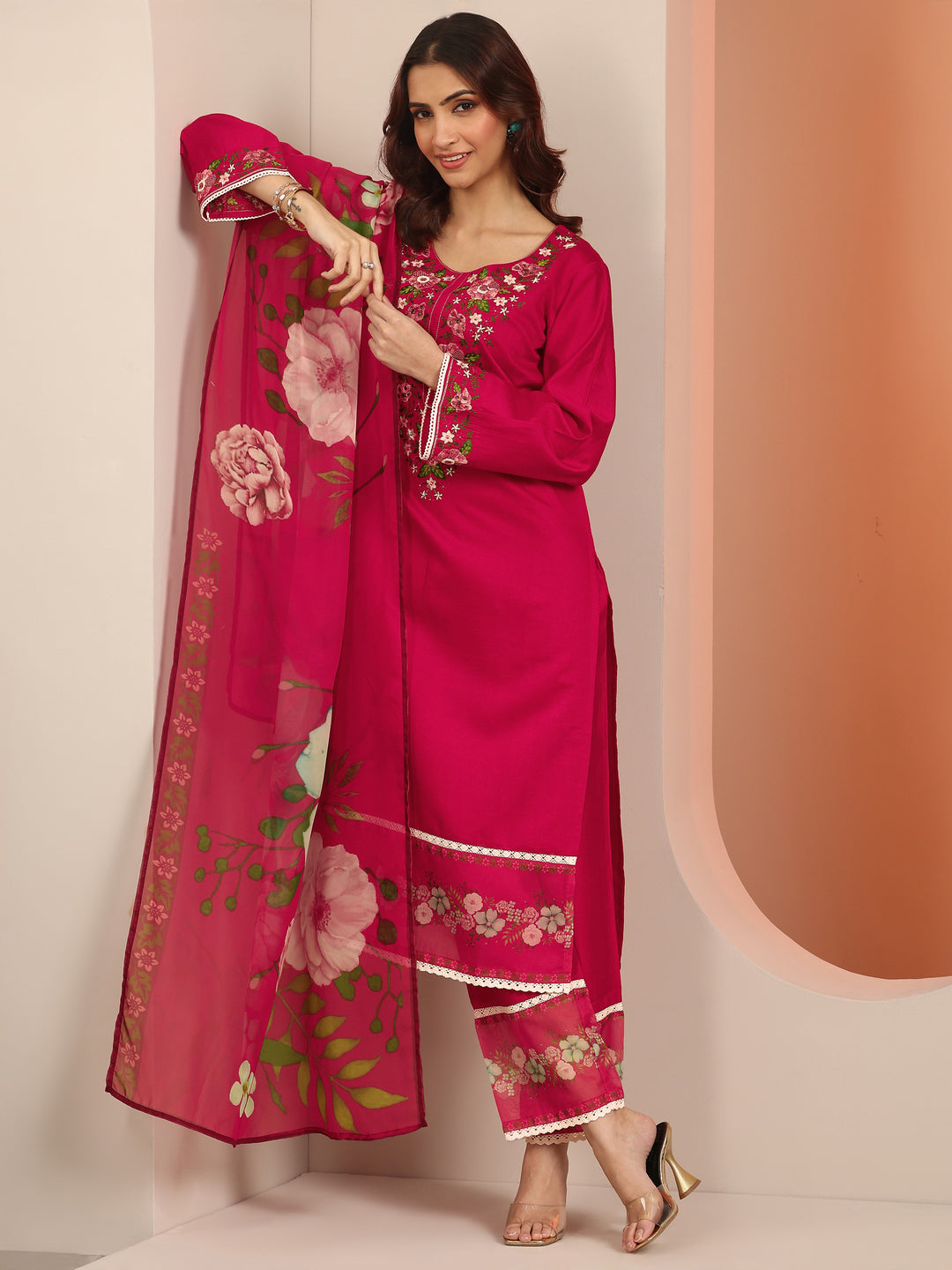 Libas Red Embroidered Silk Blend Straight Suit Set With Dupatta