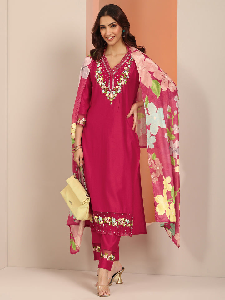 Libas Red Embroidered Silk Blend Straight Suit Set With Dupatta