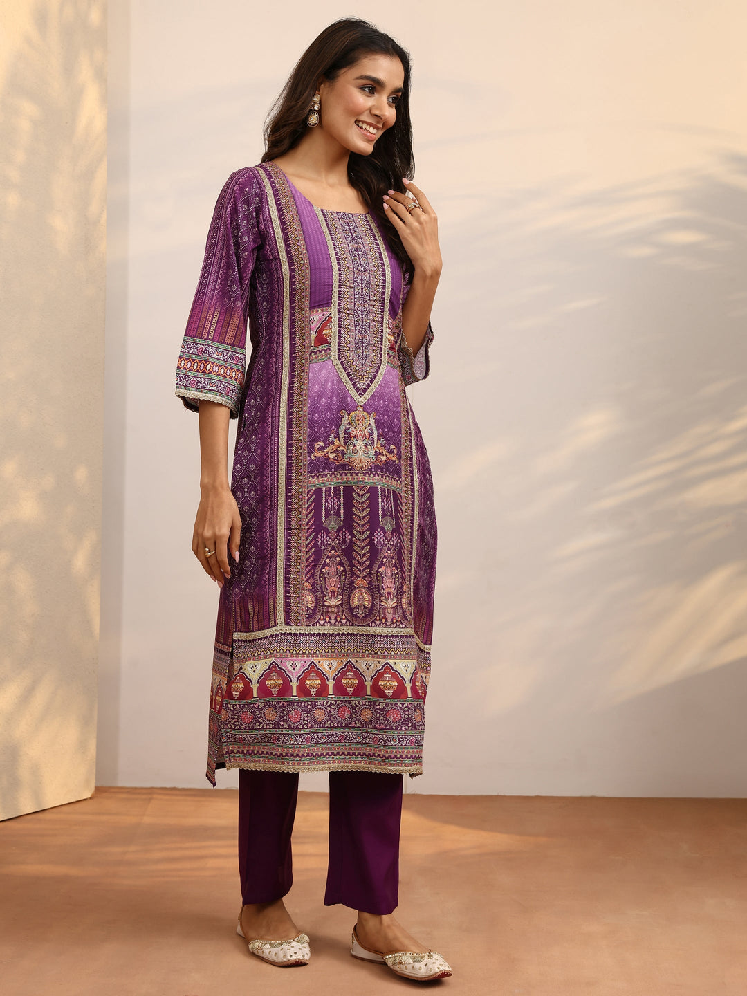 Purple Printed Silk Blend Straight Suit Set With Dupatta