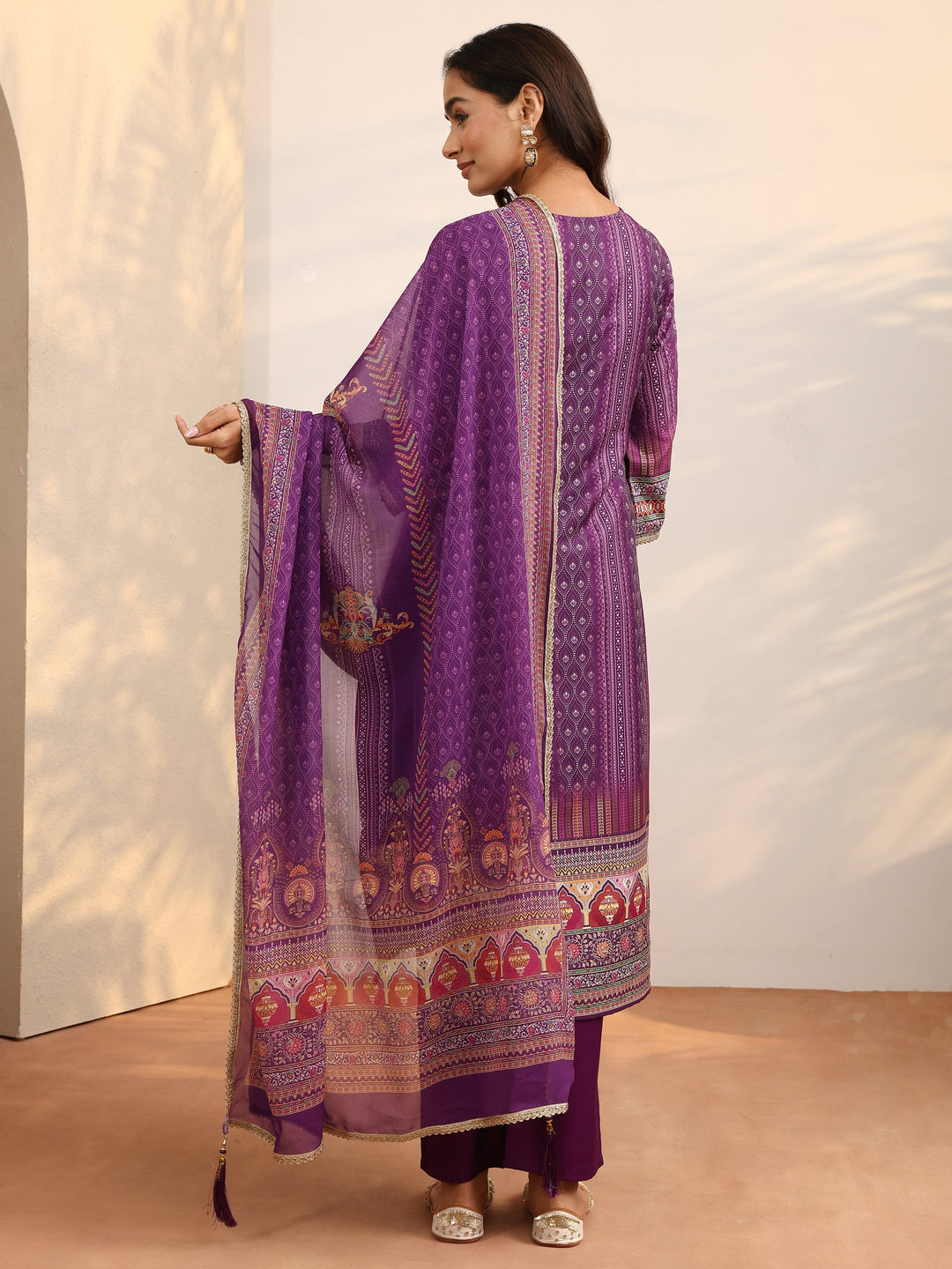 Purple Printed Silk Blend Straight Suit Set With Dupatta
