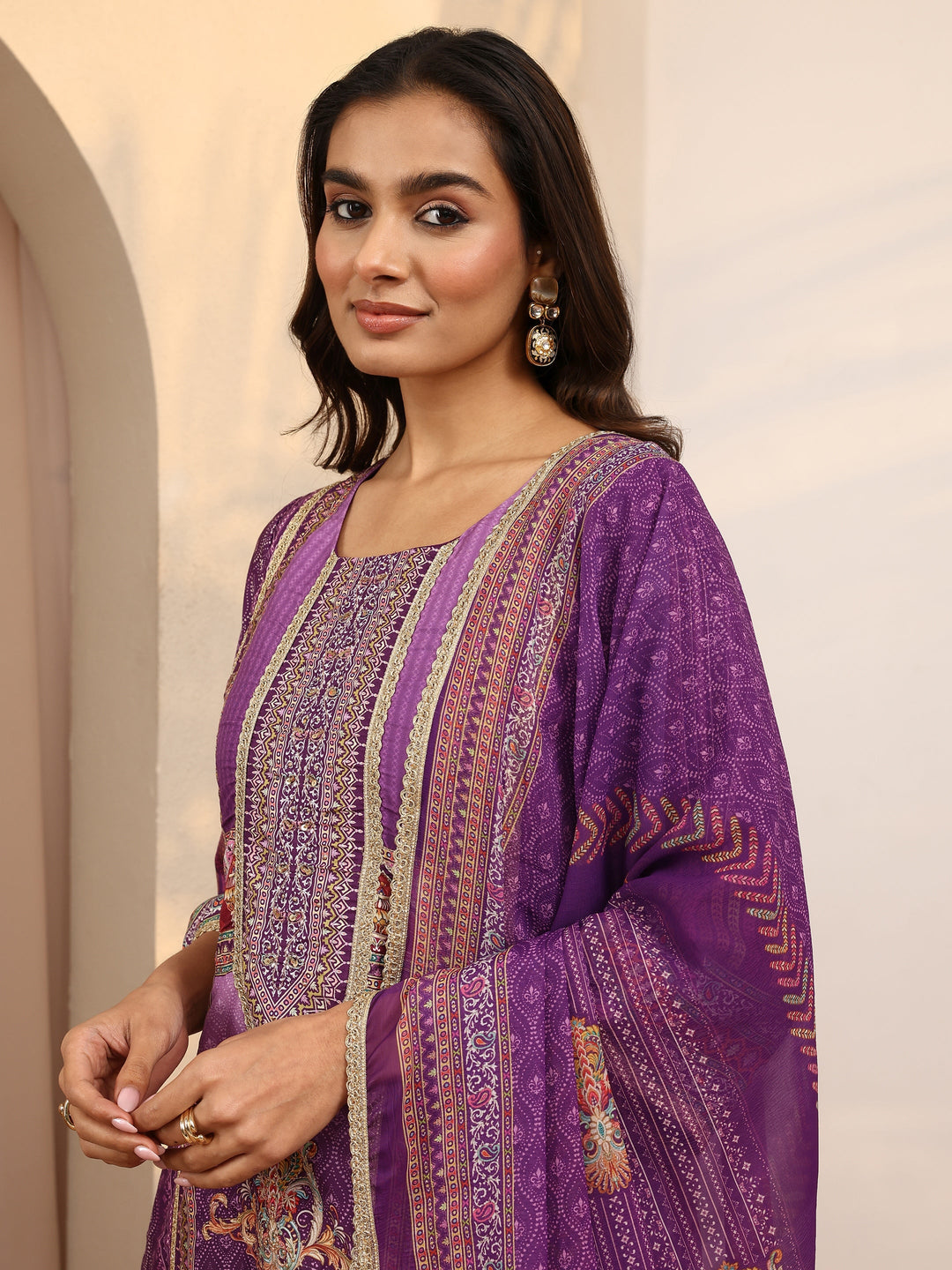 Purple Printed Silk Blend Straight Suit Set With Dupatta
