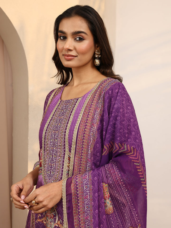 Purple Printed Silk Blend Straight Suit Set With Dupatta