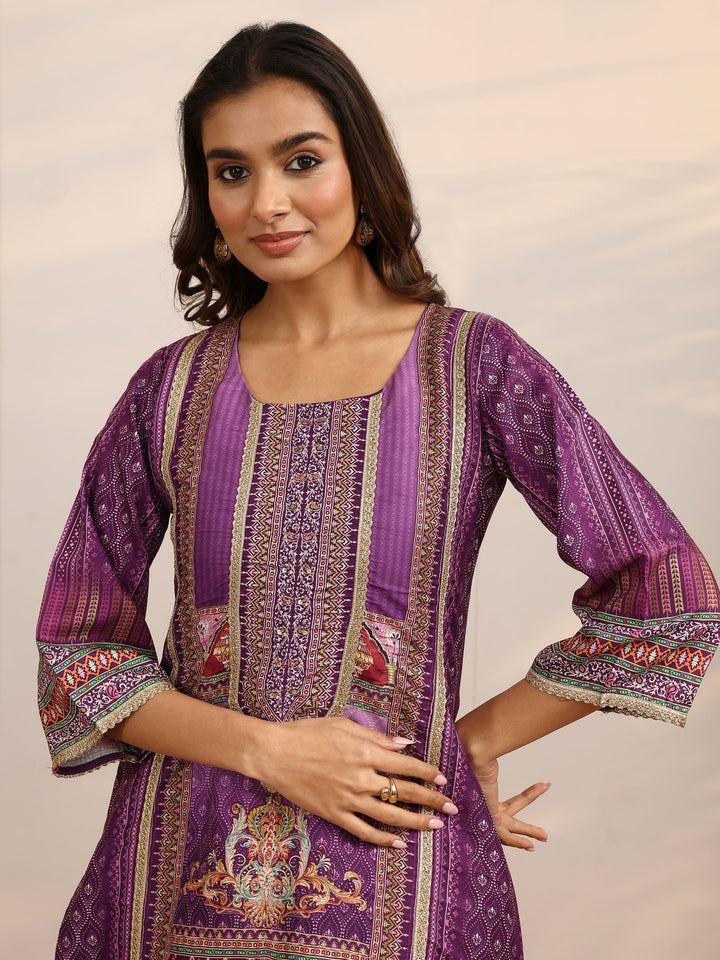 Purple Printed Silk Blend Straight Suit Set With Dupatta