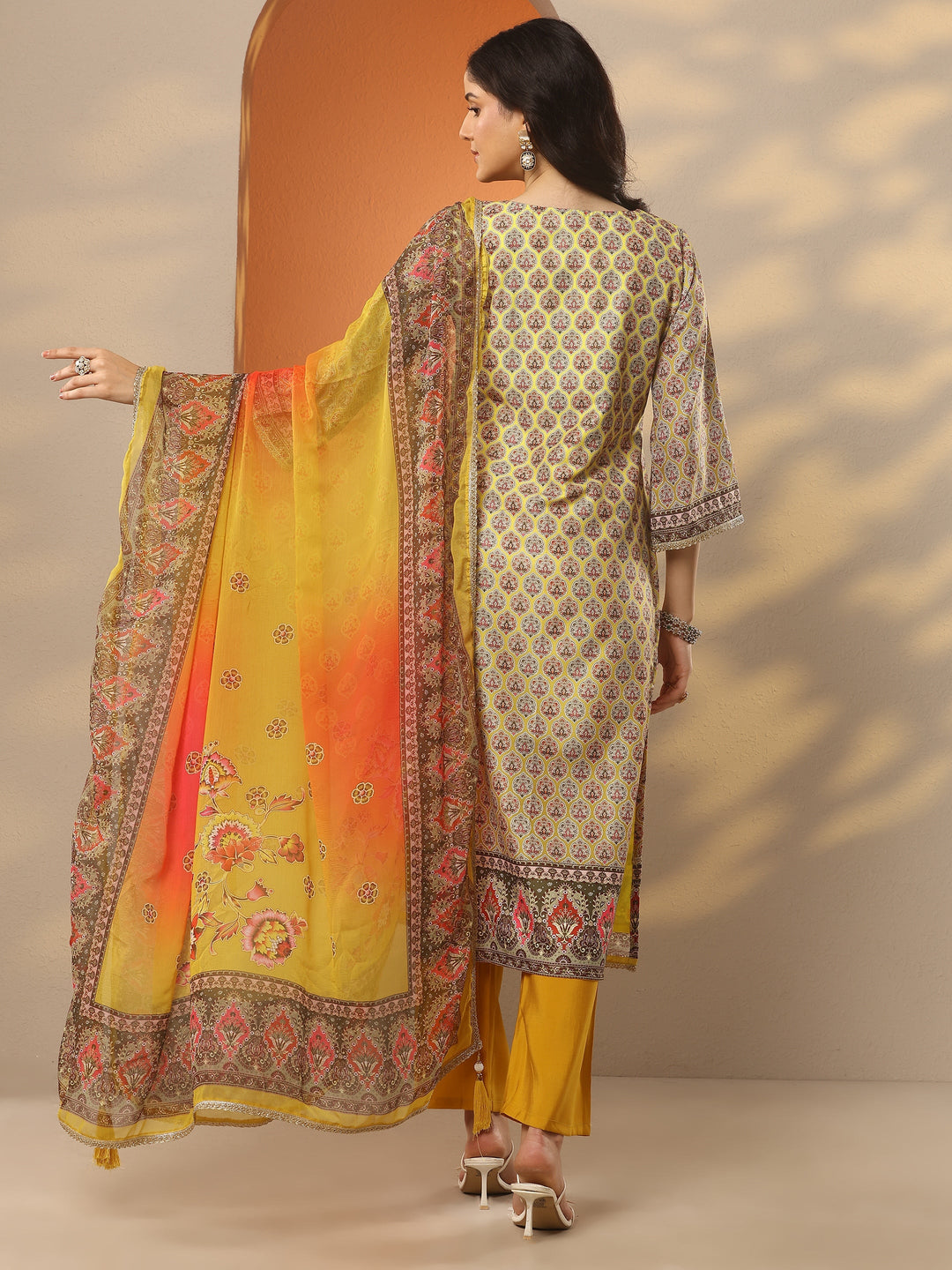 Yellow Printed Silk Blend Straight Suit Set With Dupatta