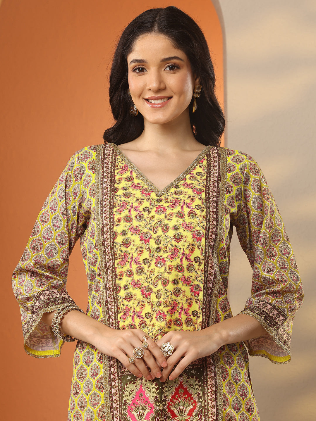 Yellow Printed Silk Blend Straight Suit Set With Dupatta
