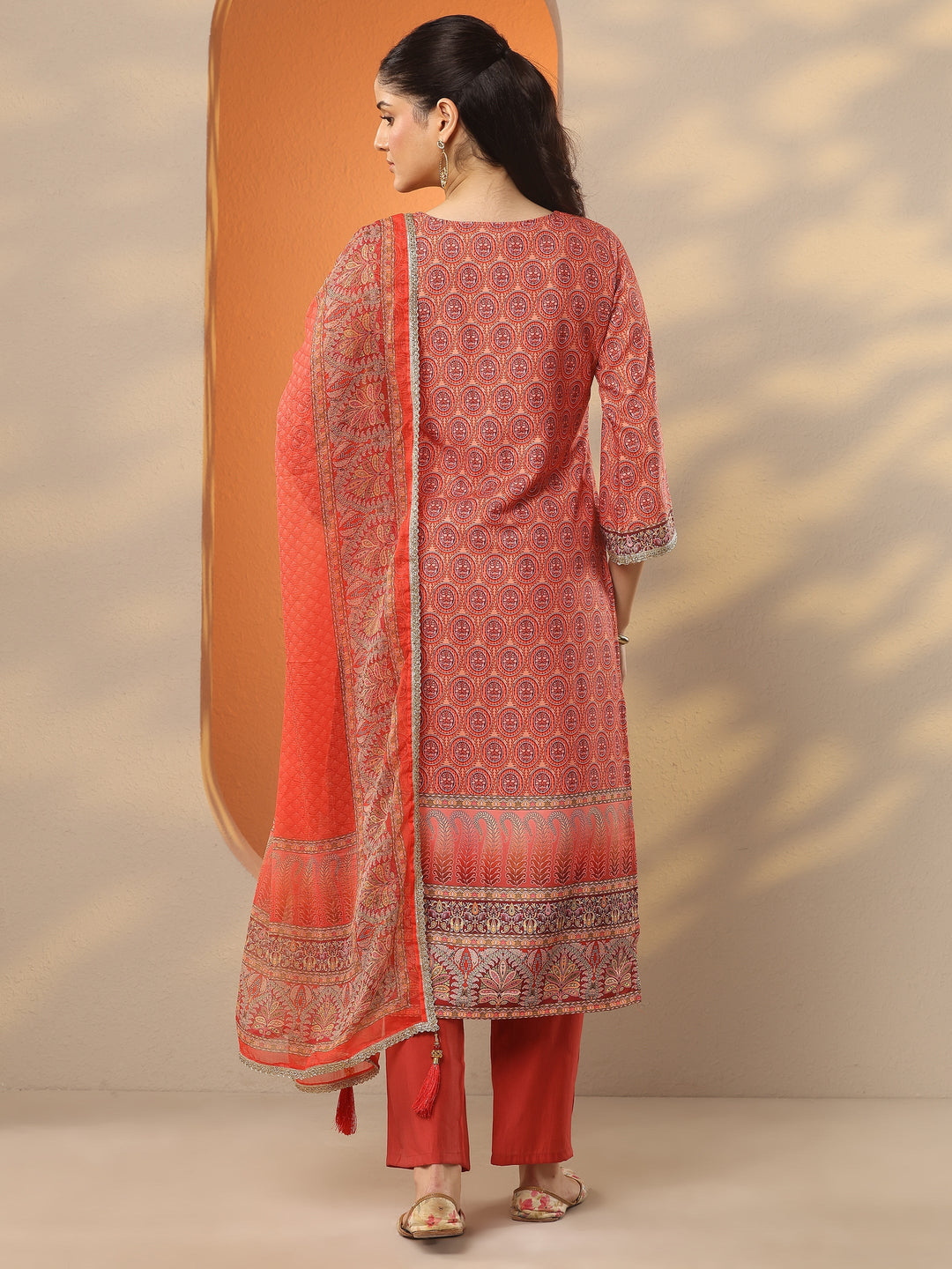 Orange Printed Silk Blend Straight Suit Set With Dupatta