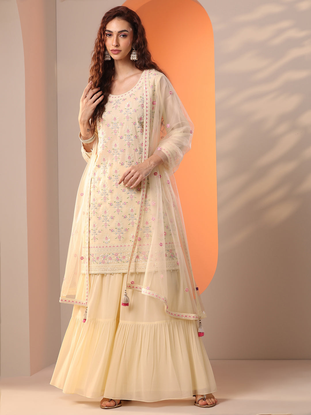 Libas Art Off White Embroidered Georgette Straight Suit Set With Dupatta