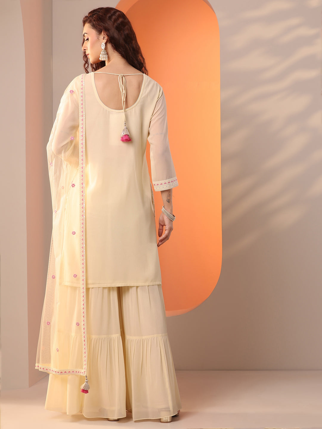 Libas Art Off White Embroidered Georgette Straight Suit Set With Dupatta