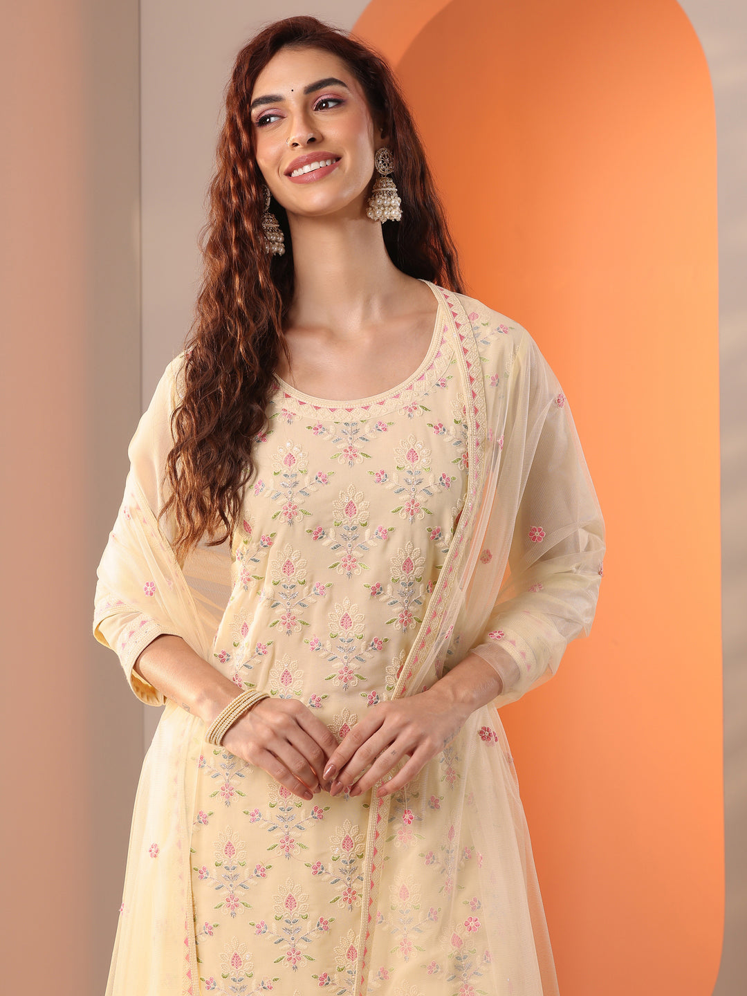 Libas Art Off White Embroidered Georgette Straight Suit Set With Dupatta