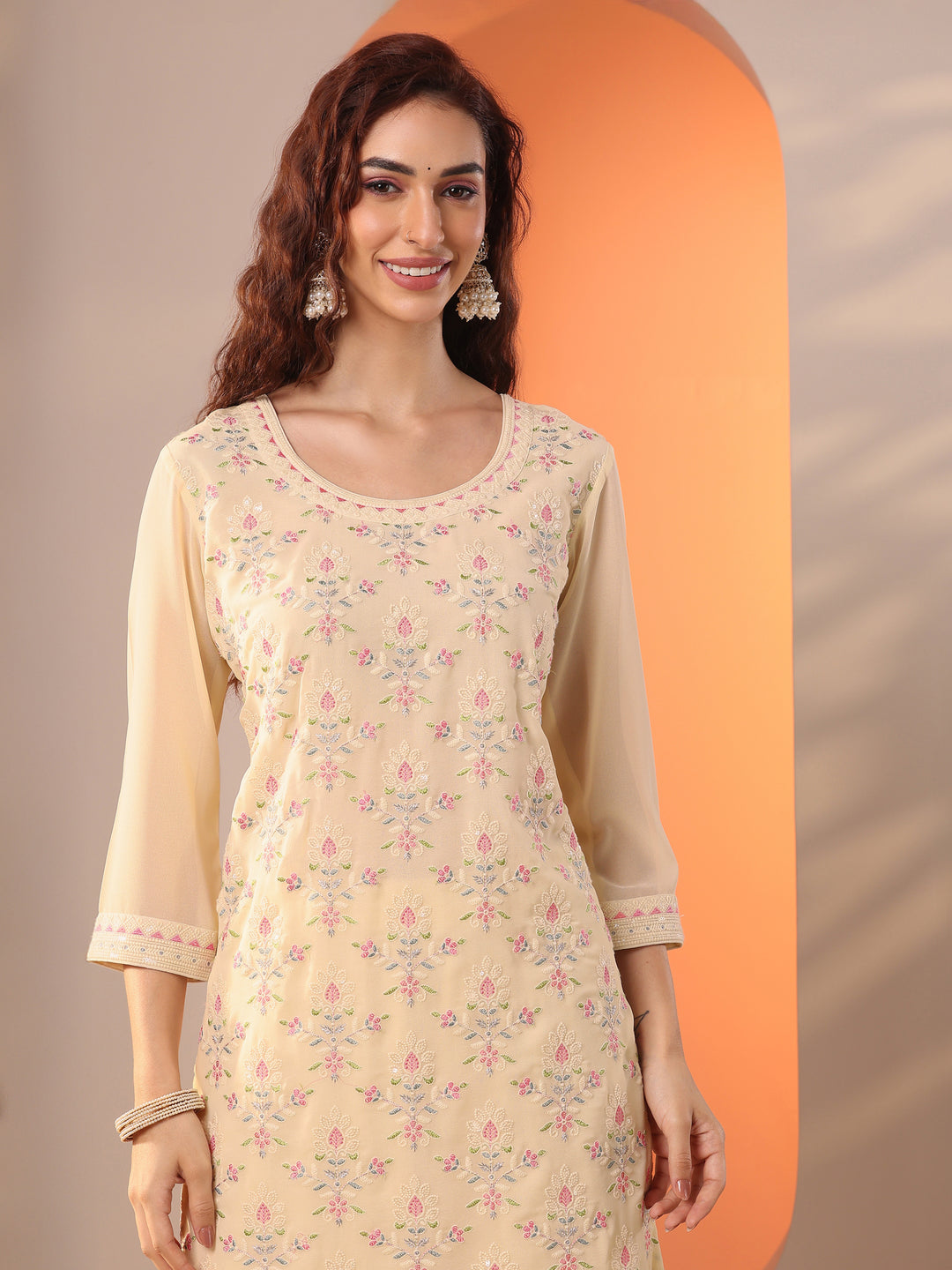 Libas Art Off White Embroidered Georgette Straight Suit Set With Dupatta