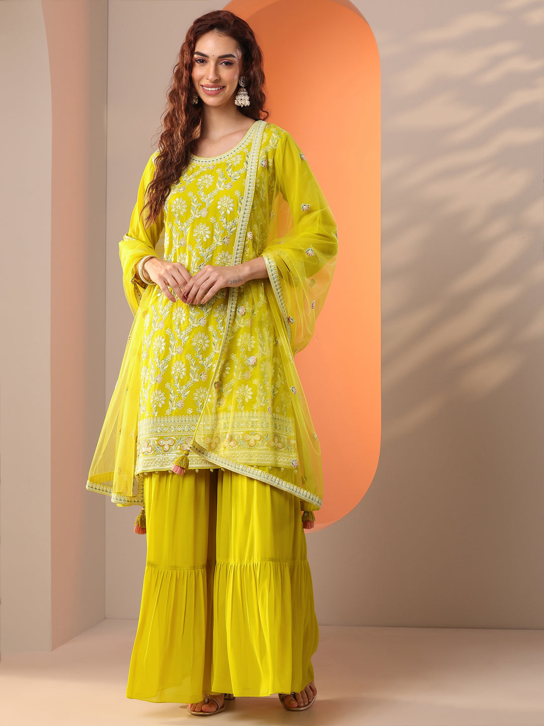 Libas Art Green Embroidered Georgette Straight Suit Set With Dupatta