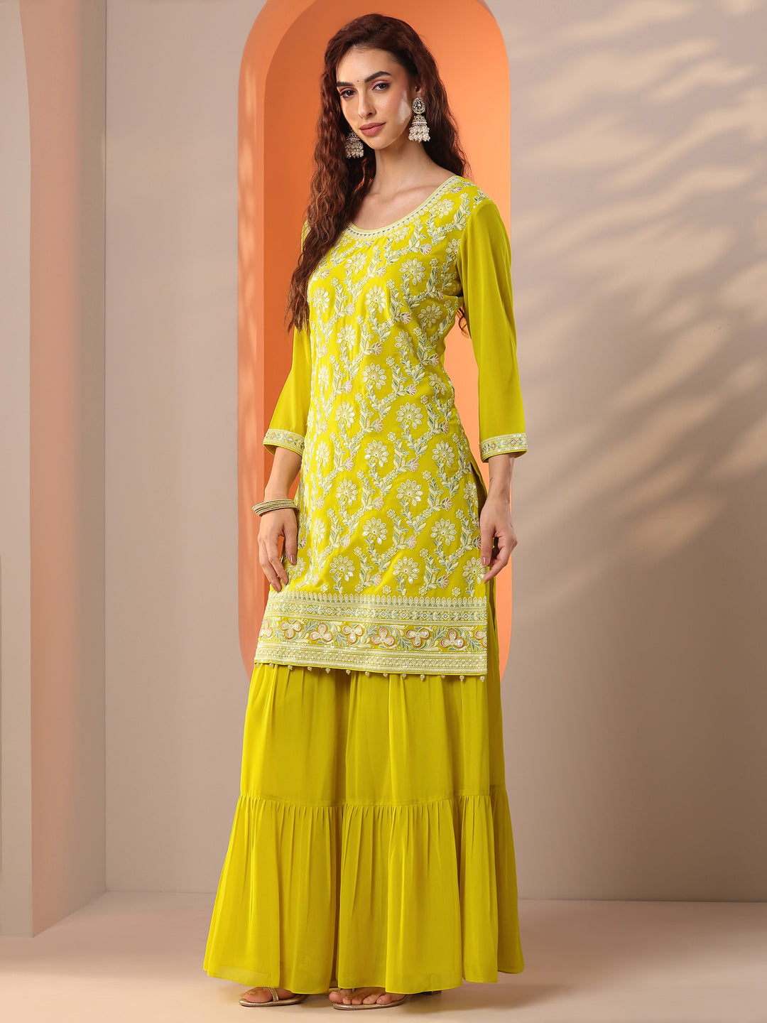 Libas Art Green Embroidered Georgette Straight Suit Set With Dupatta
