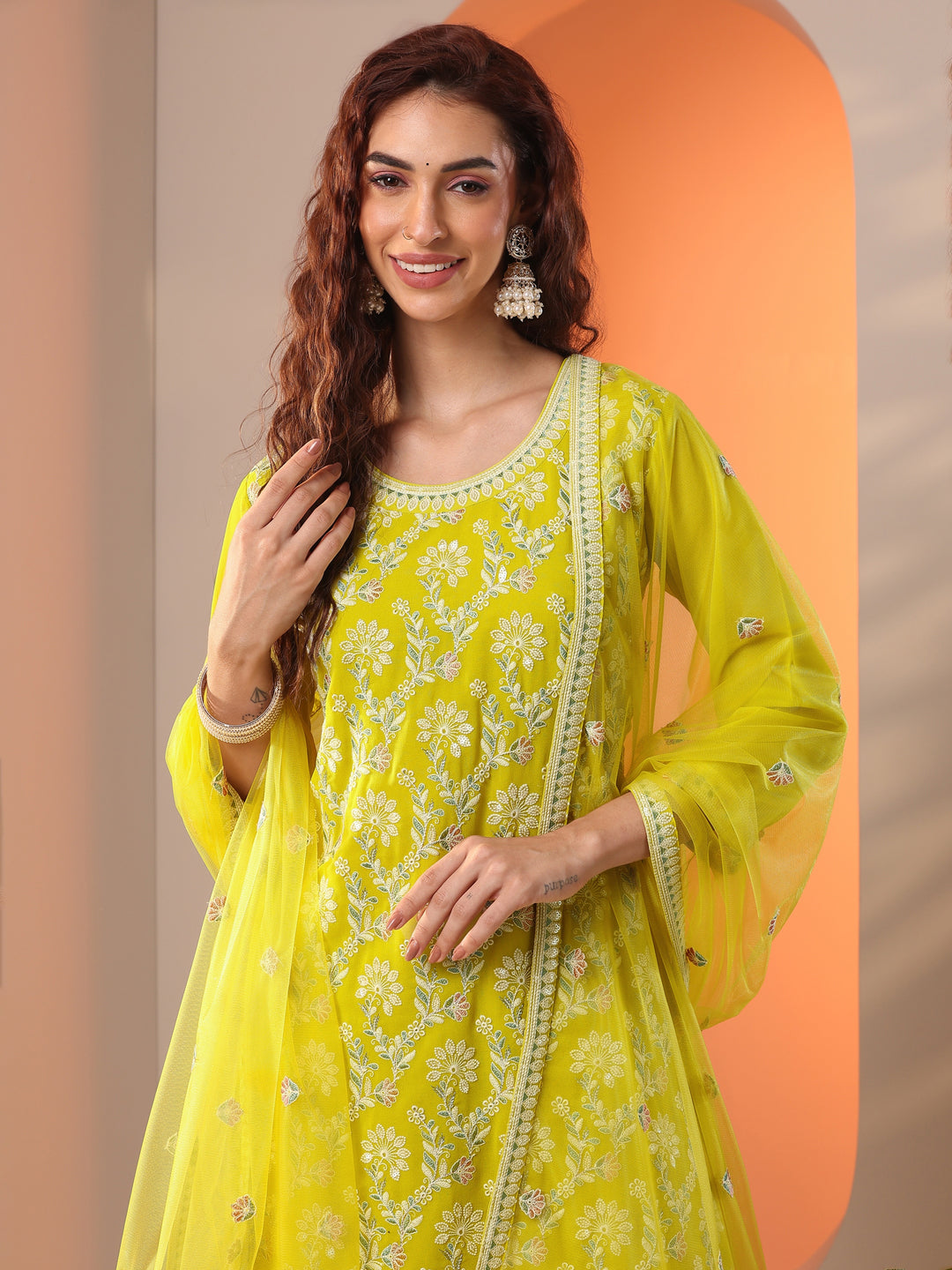 Libas Art Green Embroidered Georgette Straight Suit Set With Dupatta