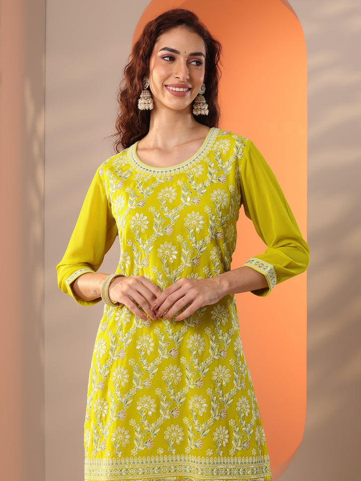 Libas Art Green Embroidered Georgette Straight Suit Set With Dupatta