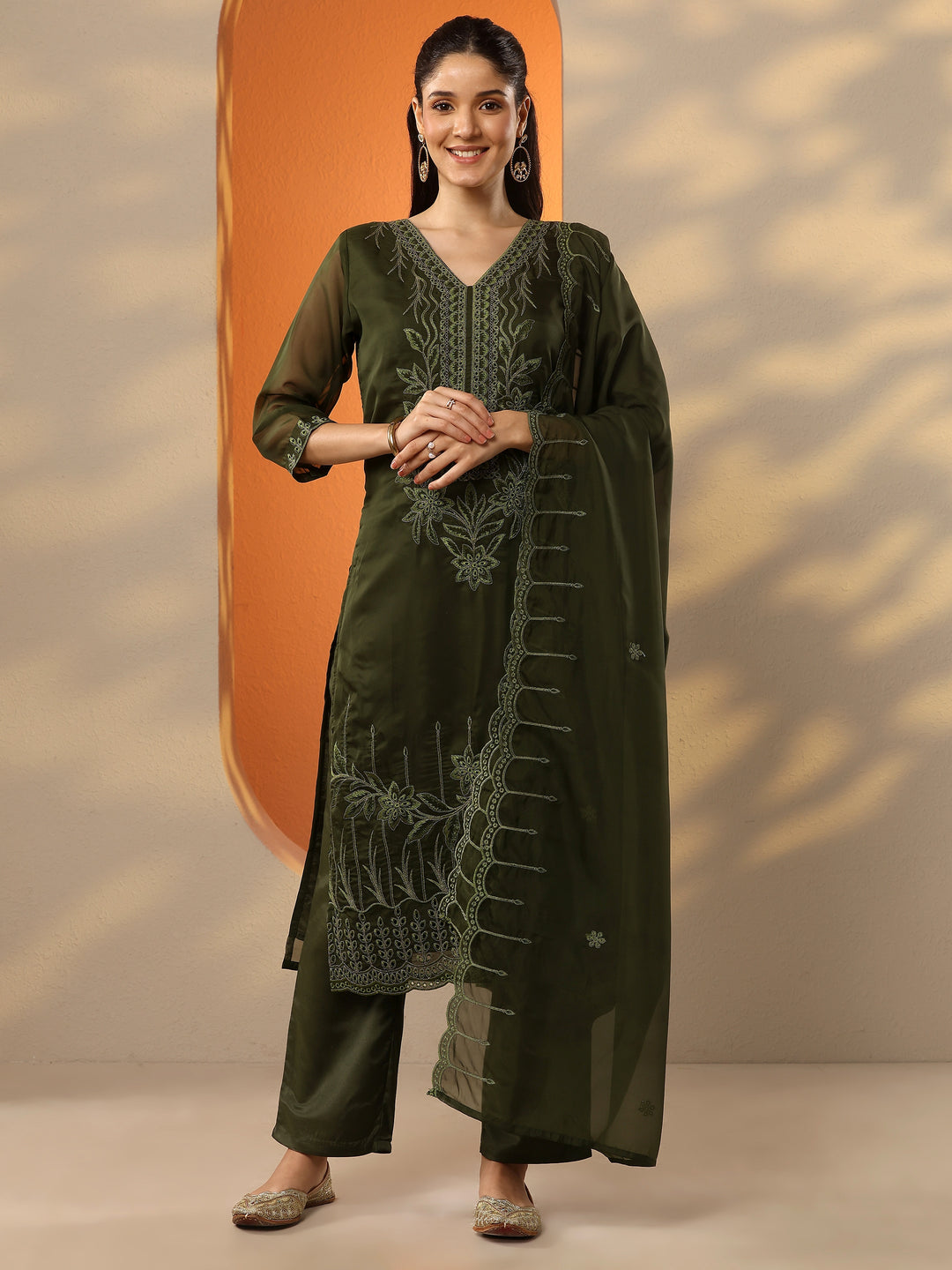 Olive Embroidered Organza Straight Suit Set With Dupatta
