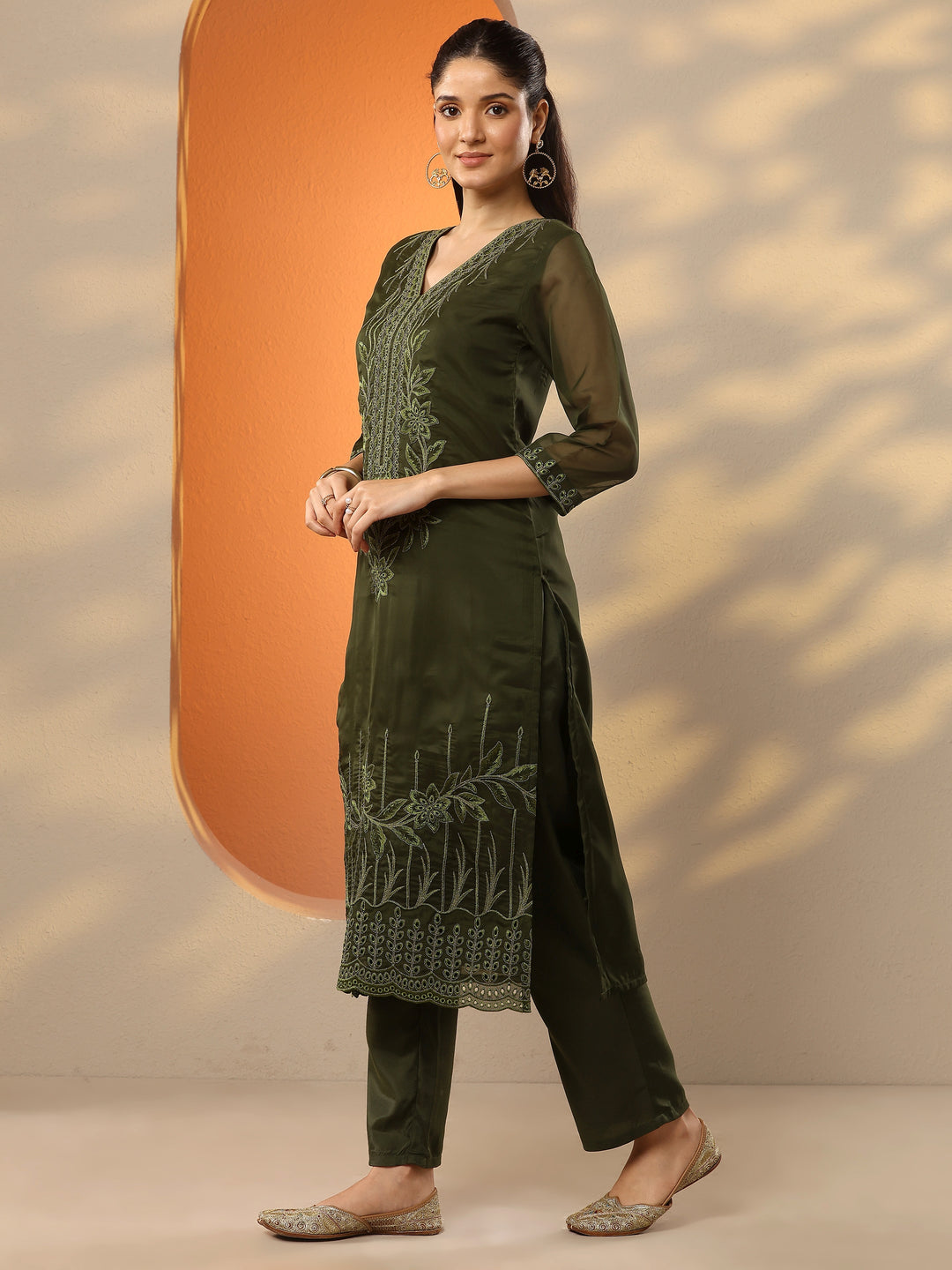 Olive Embroidered Organza Straight Suit Set With Dupatta