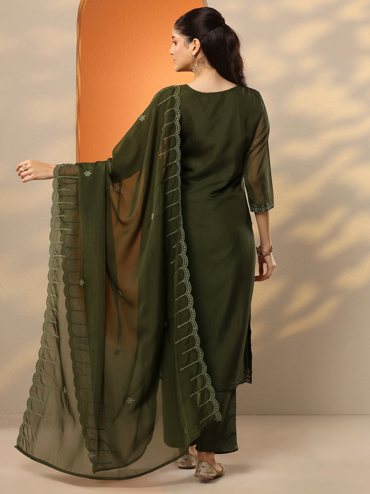 Olive Embroidered Organza Straight Suit Set With Dupatta