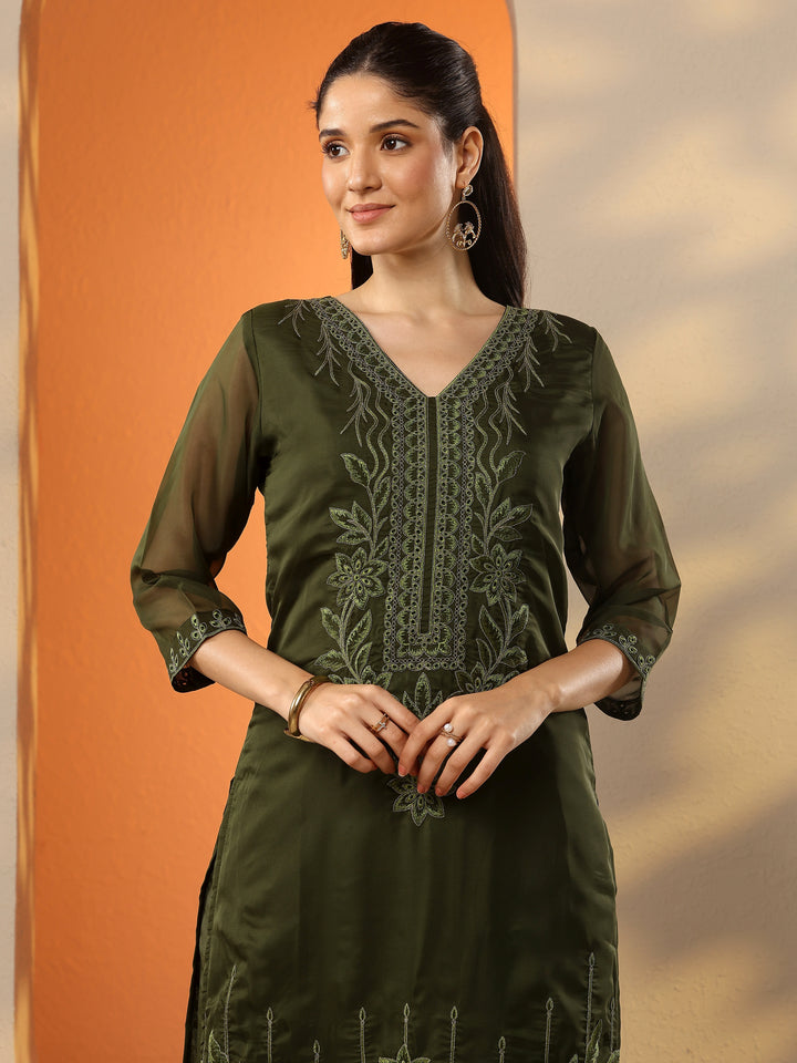 Olive Embroidered Organza Straight Suit Set With Dupatta