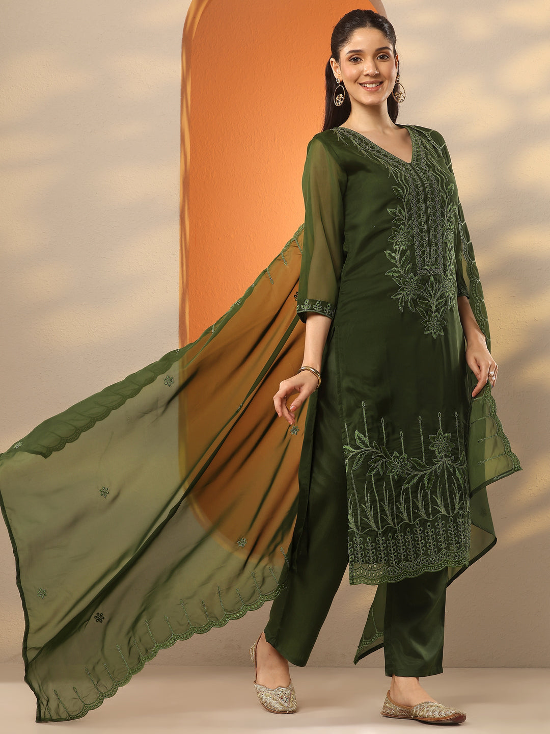 Olive Embroidered Organza Straight Suit Set With Dupatta