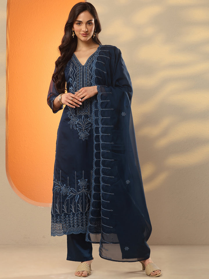 Navy Blue Embroidered Organza Straight Suit Set With Dupatta