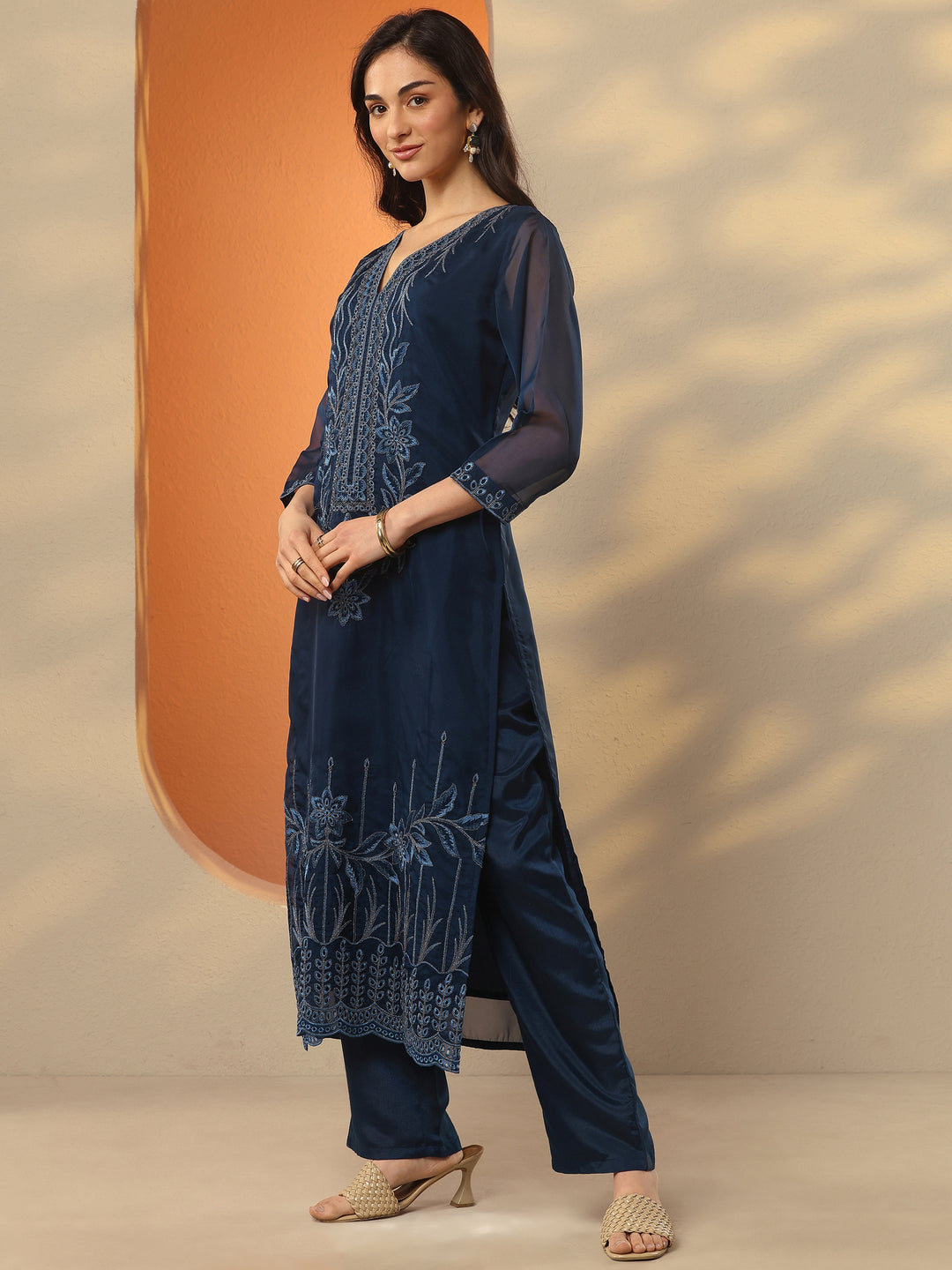 Navy Blue Embroidered Organza Straight Suit Set With Dupatta