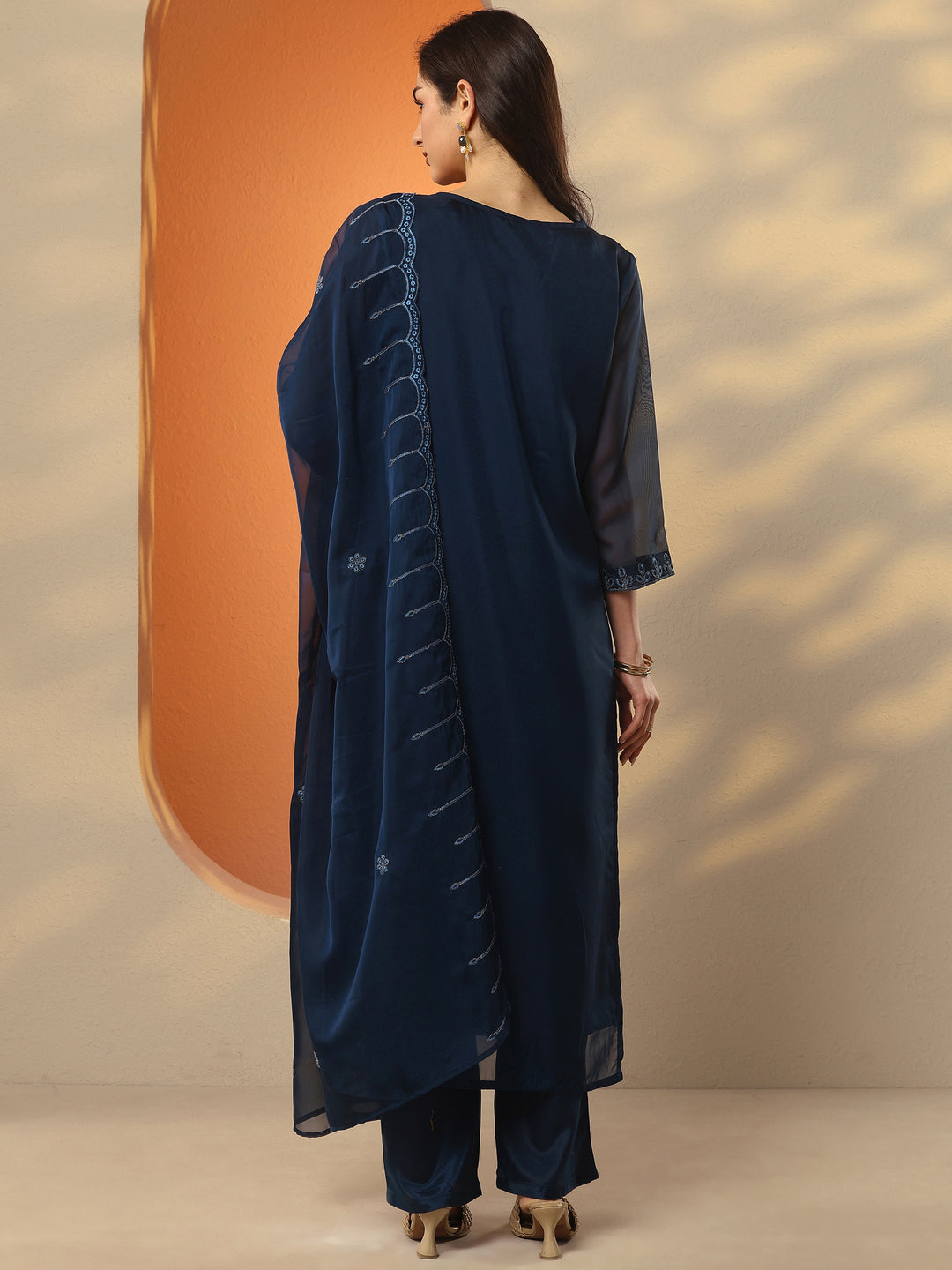 Navy Blue Embroidered Organza Straight Suit Set With Dupatta