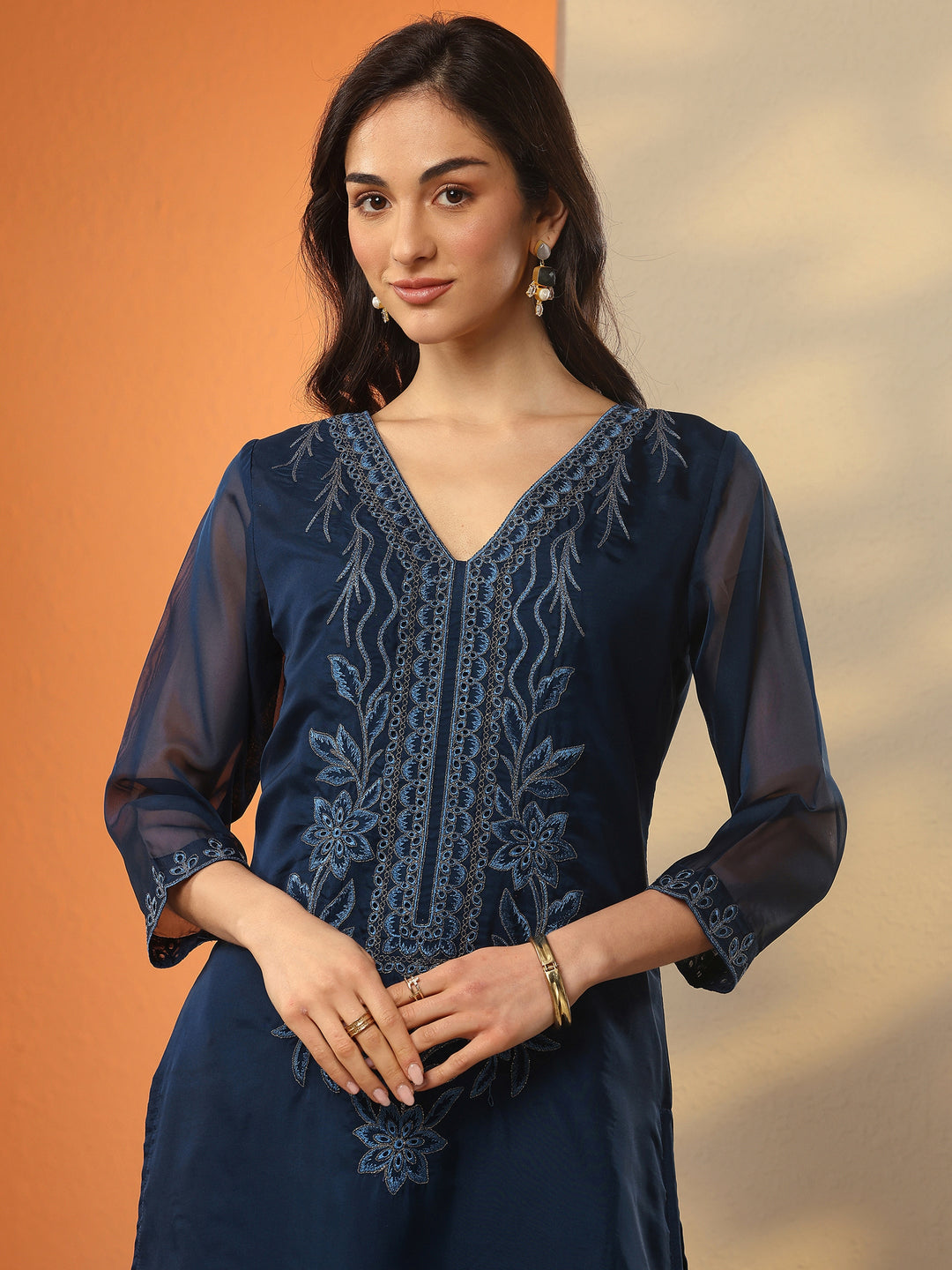 Navy Blue Embroidered Organza Straight Suit Set With Dupatta