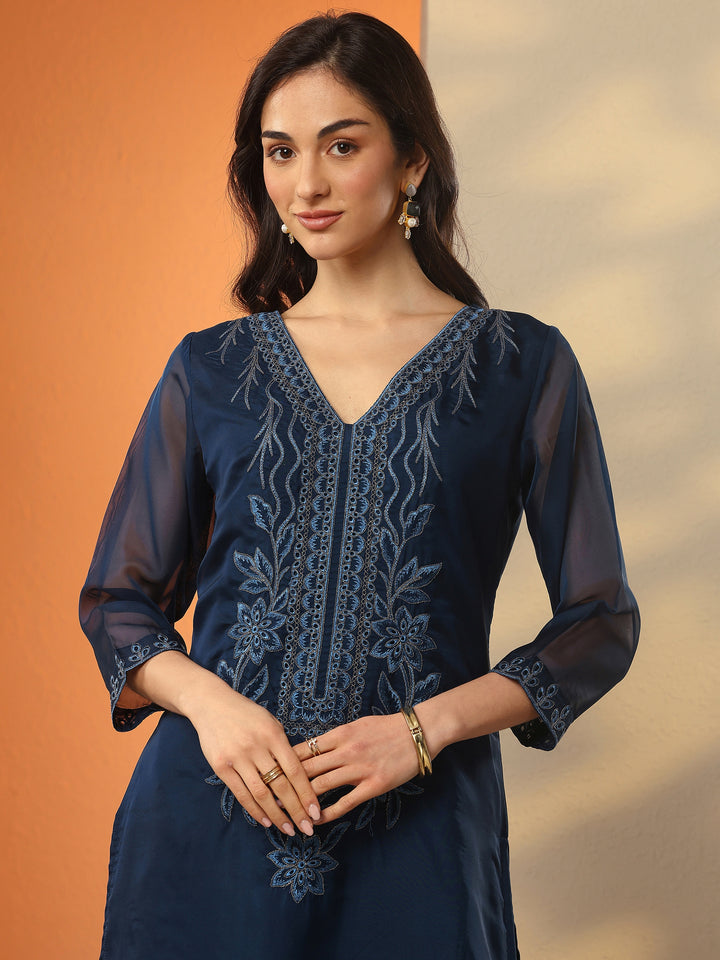 Navy Blue Embroidered Organza Straight Suit Set With Dupatta