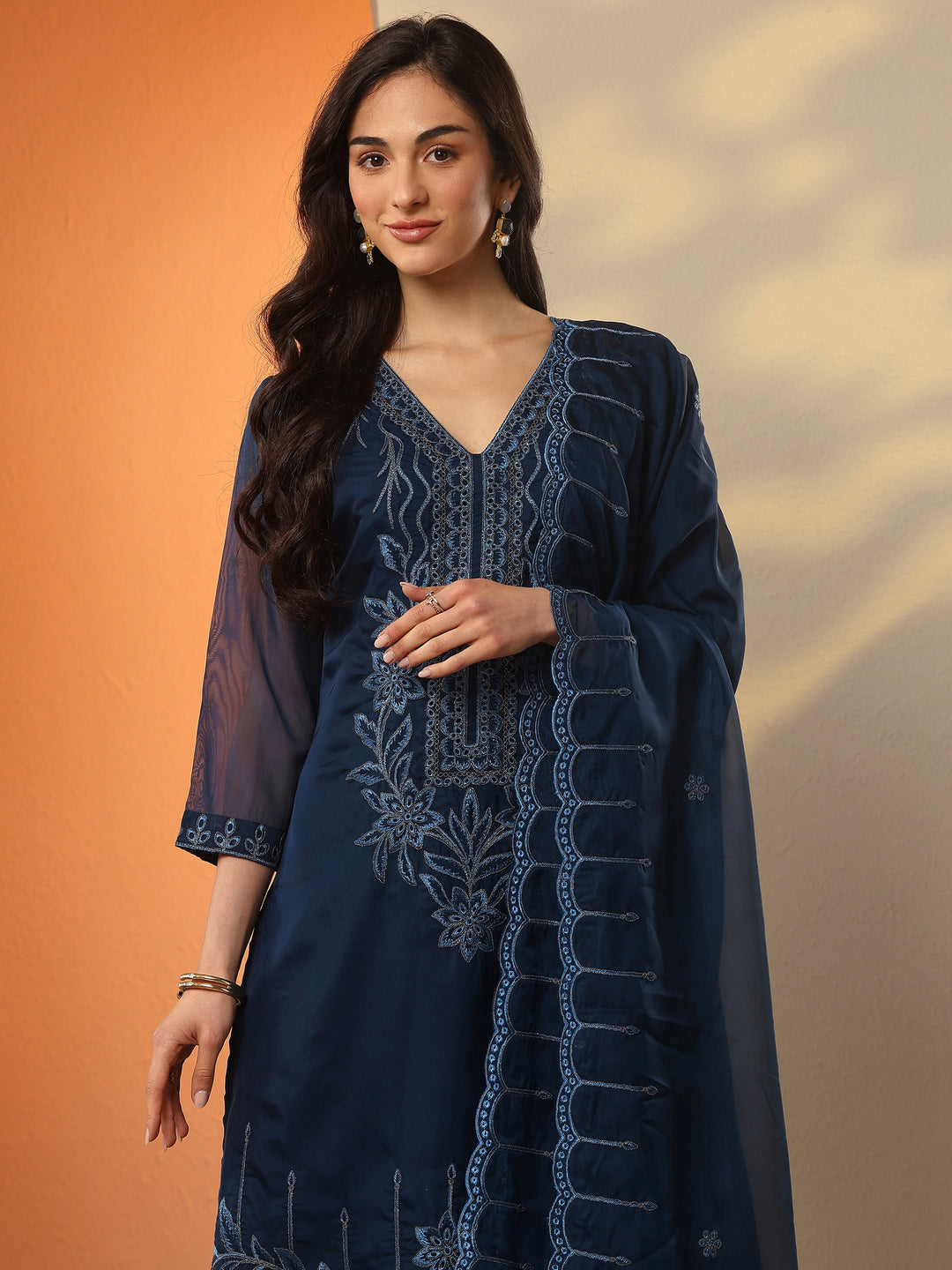 Navy Blue Embroidered Organza Straight Suit Set With Dupatta