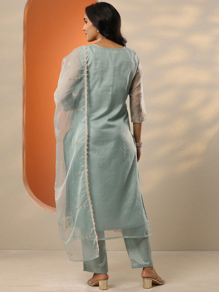 Blue Embroidered Organza Straight Suit Set With Dupatta