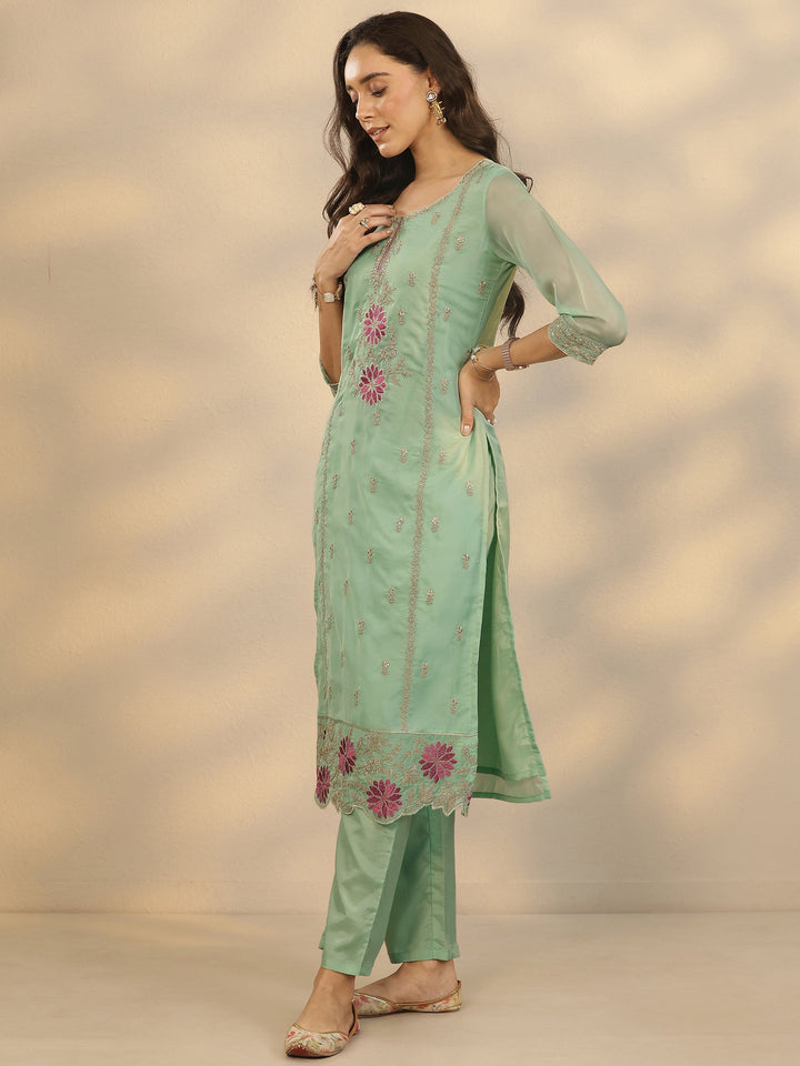 Green Embroidered Organza Straight Suit Set With Dupatta