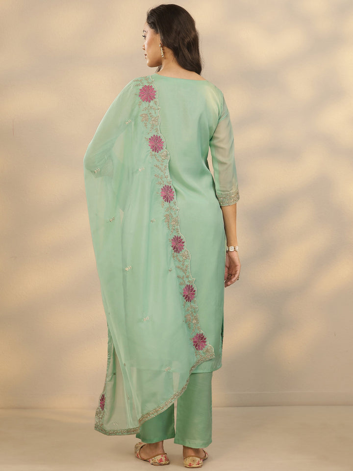 Green Embroidered Organza Straight Suit Set With Dupatta
