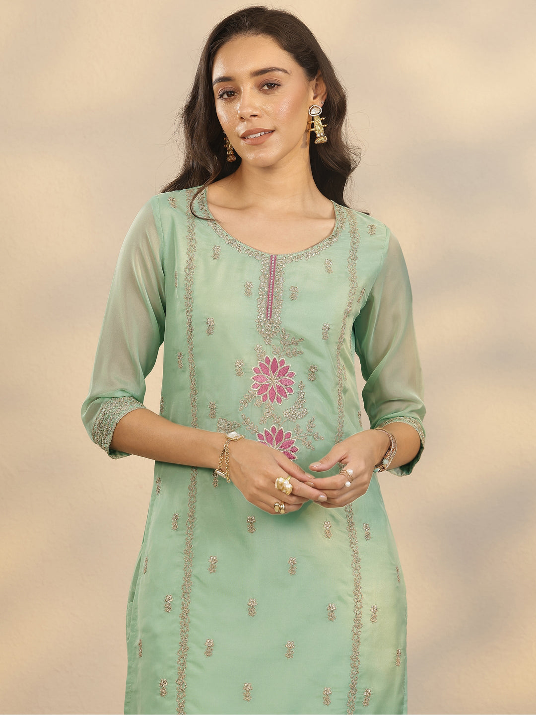 Green Embroidered Organza Straight Suit Set With Dupatta
