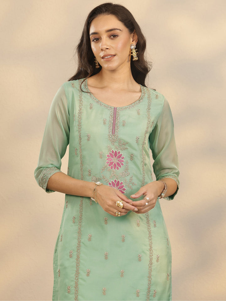 Green Embroidered Organza Straight Suit Set With Dupatta