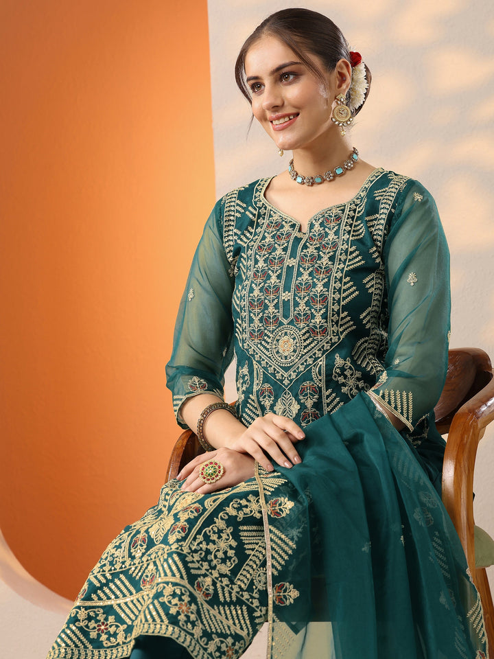 Teal Embroidered Organza Straight Suit Set With Dupatta