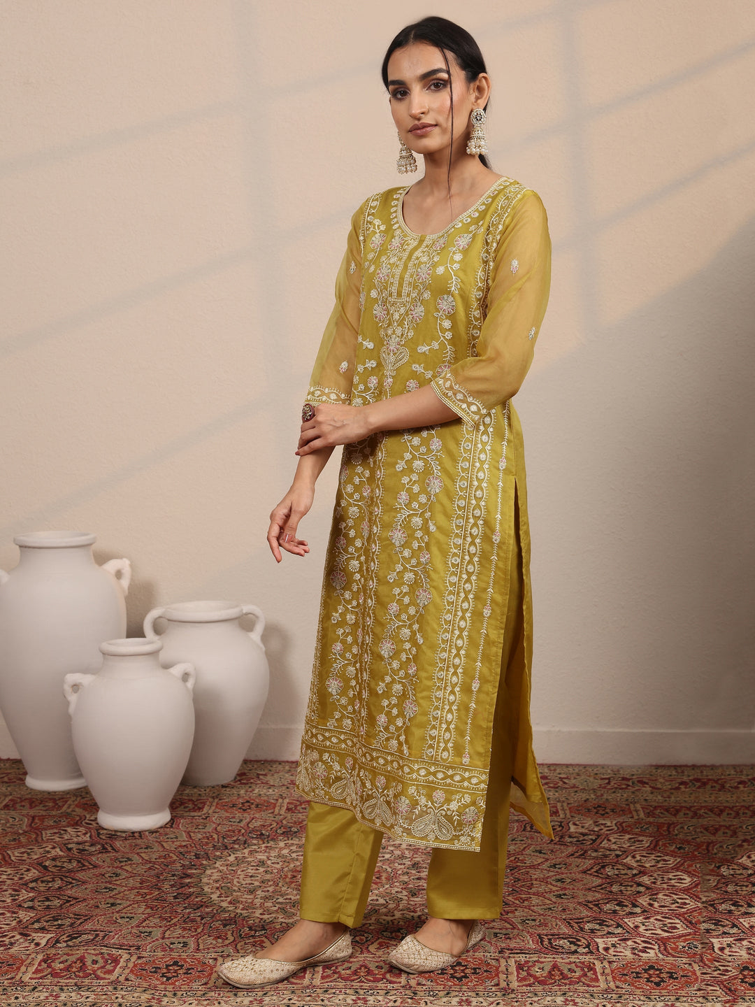 Mustard Embroidered Organza  Straight Suit Set With Dupatta