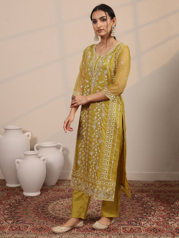 Mustard Embroidered Organza  Straight Suit Set With Dupatta
