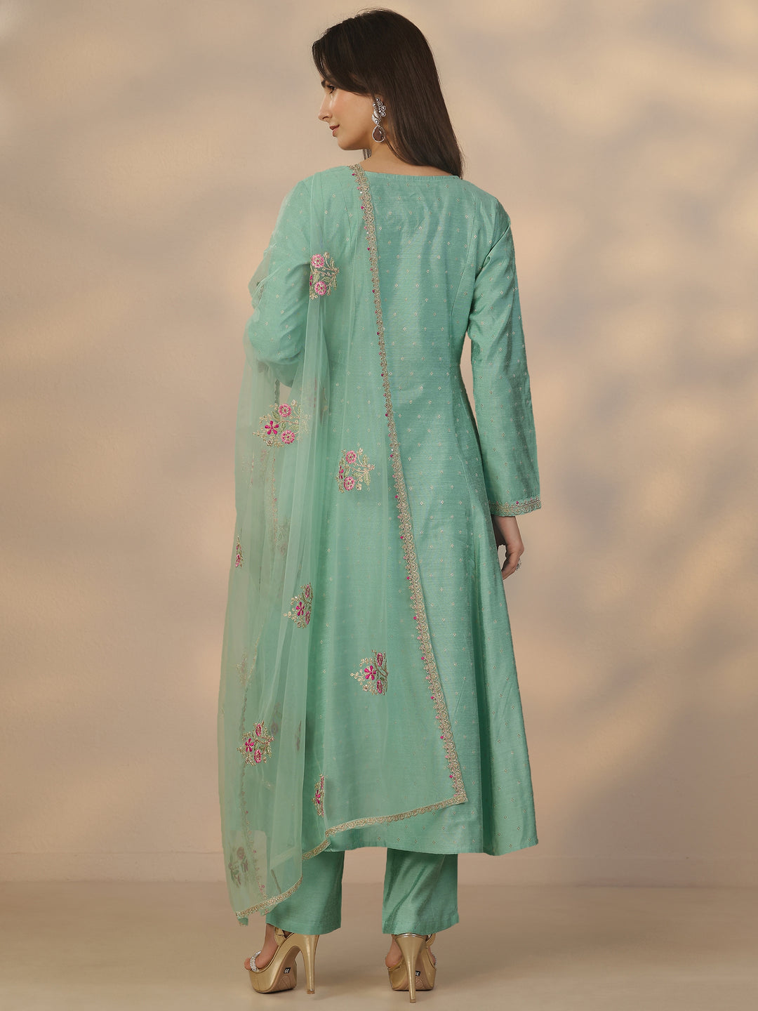 Sea Green Embroidered Silk Blend Anarkali Suit Set With Dupatta