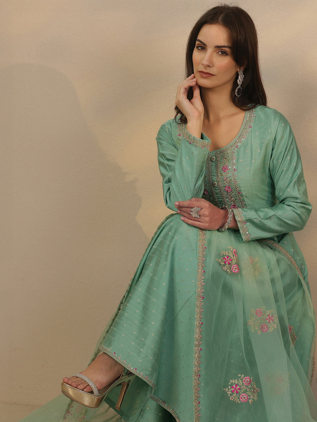 Sea Green Embroidered Silk Blend Anarkali Suit Set With Dupatta