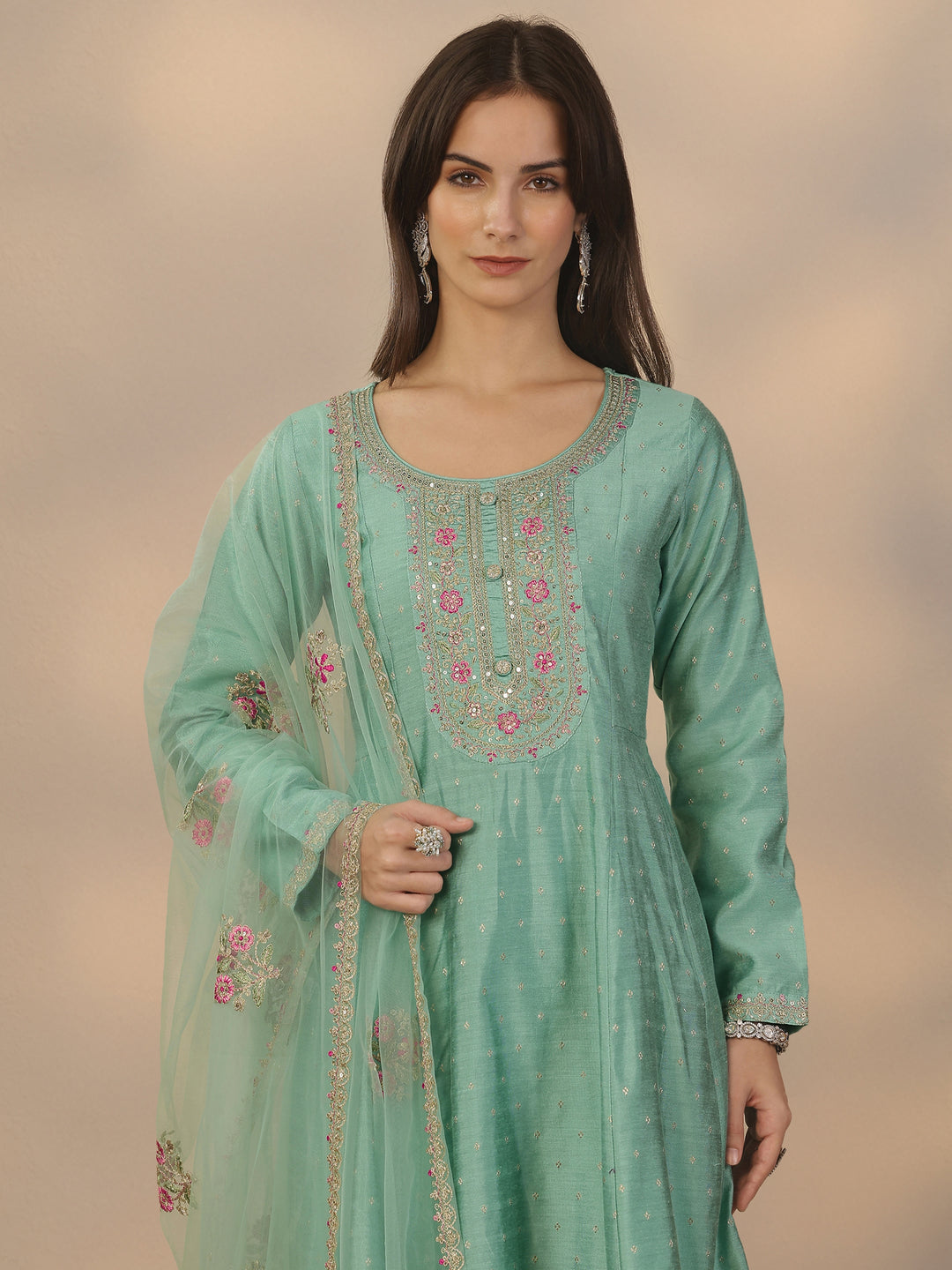 Sea Green Embroidered Silk Blend Anarkali Suit Set With Dupatta