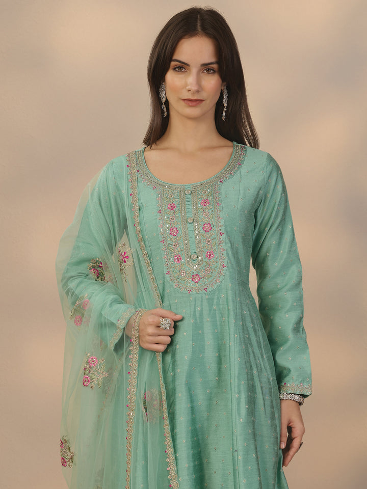 Sea Green Embroidered Silk Blend Anarkali Suit Set With Dupatta