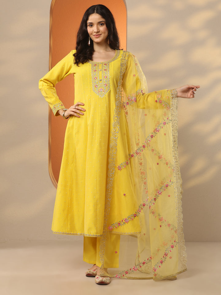 Yellow Embellished Silk Blend Anarkali Suit Set With Dupatta
