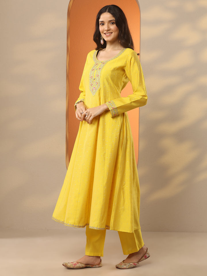 Yellow Embellished Silk Blend Anarkali Suit Set With Dupatta