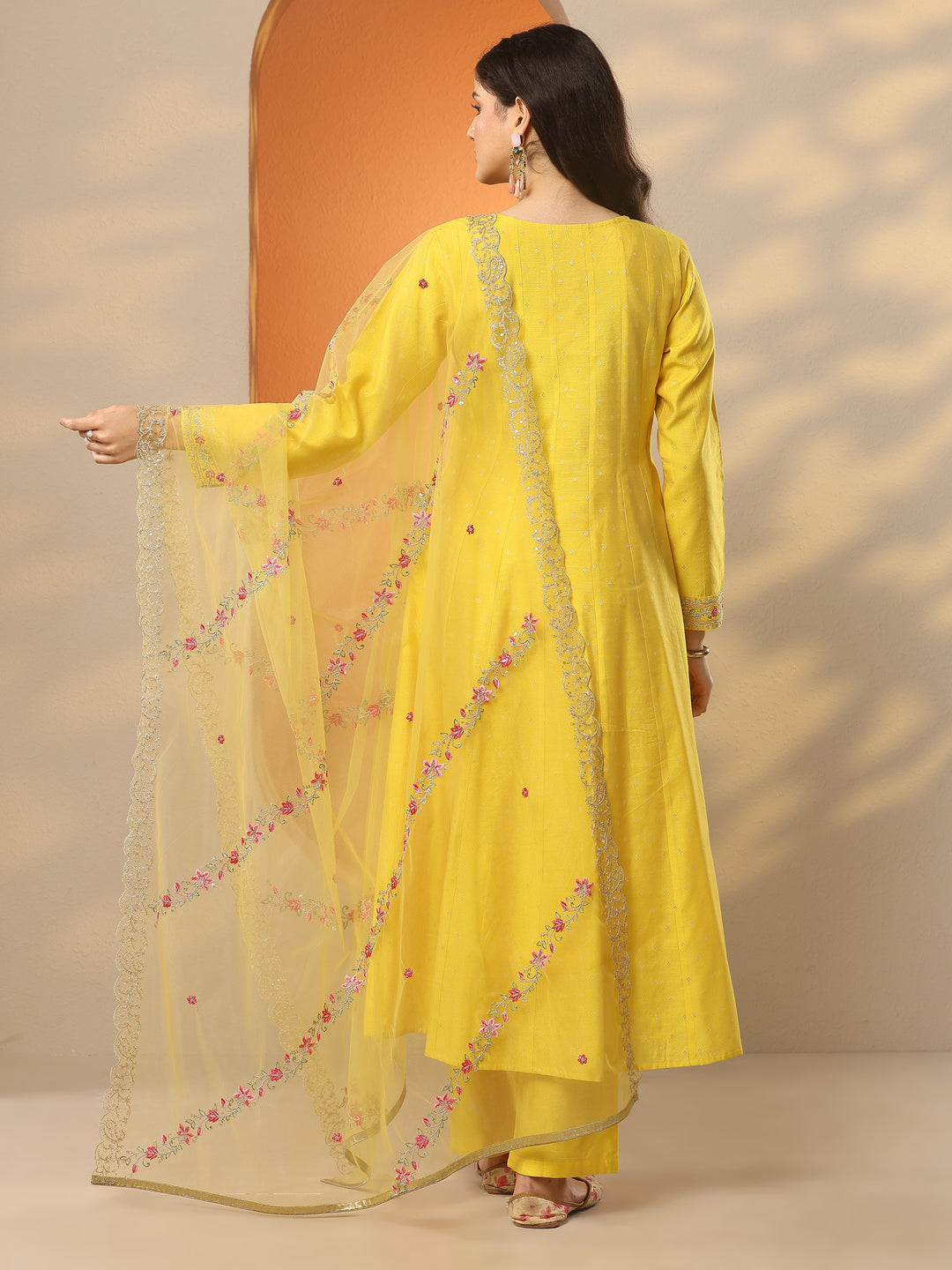 Yellow Embellished Silk Blend Anarkali Suit Set With Dupatta